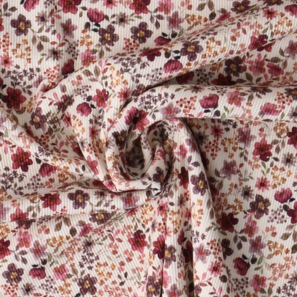 Tissu Jersey Bord Côte stretch fleurs Ambrie Prunes sur fond Beige - Par 10 cm