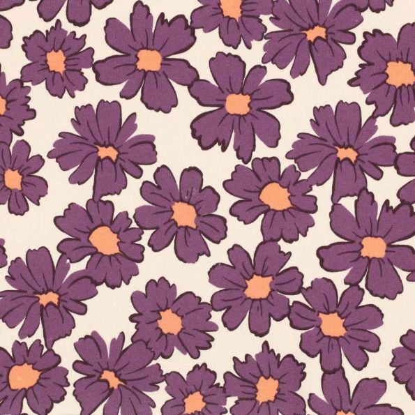 Tissu Sweat envers molletonné Cosmia fleurs Aubergines sur fond Beige - Par 10 cm