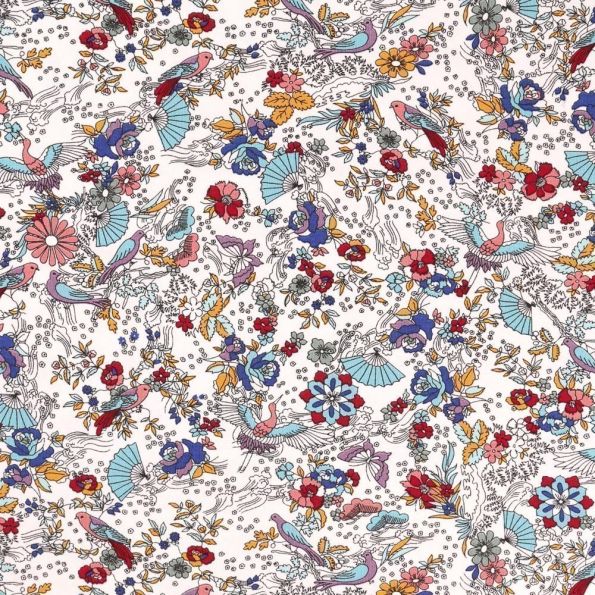 Tissu Jersey Coton Motifs Japonais Multicolores sur fond Ecru - Par 10 cm