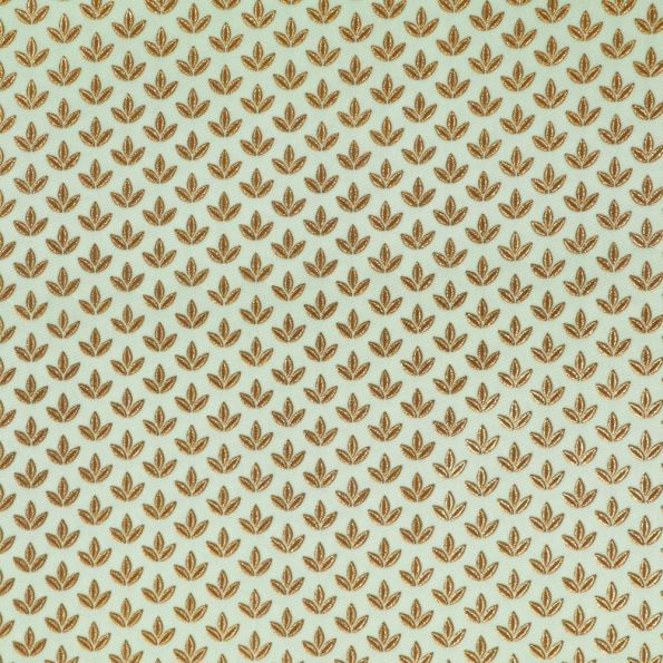 Tissu Microfibre Feuilles Dorées Pailletées sur fond Vert d'eau - Par 10 cm