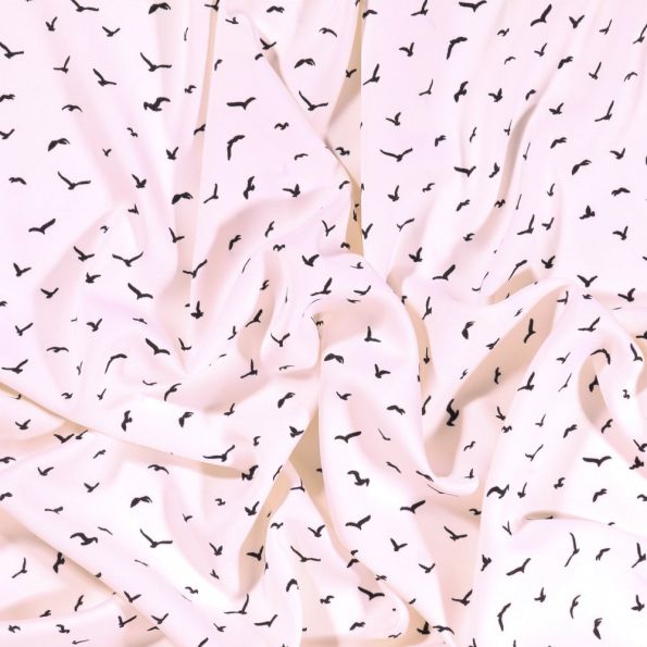 Tissu Satiné Vol d'oiseaux sur fond Ecru - Par 10 cm