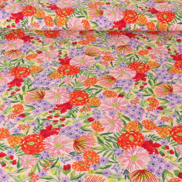 Coupon Tissu Ancien Petites Fleurs Roses Vintage - Dimensions 71 X 75 Cm, Coton Fin, Lavé, Parfait état