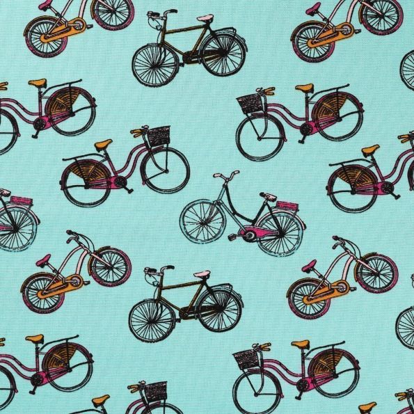 Tissu Toile Coton Vélos Multicolores sur fond Menthe - Par 10 cm
