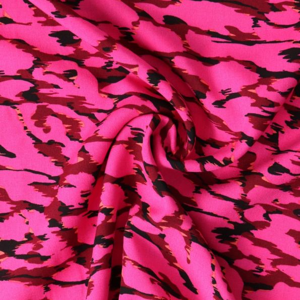 Tissu Viscose  Cobalia motifs abstraits Noirs sur fond Rose fuchsia - Par 10 cm