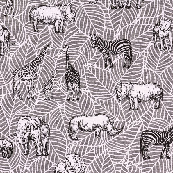 Tissu Toile Coton Animaux de la Savane sur fond Gris et Blanc - Par 10 cm