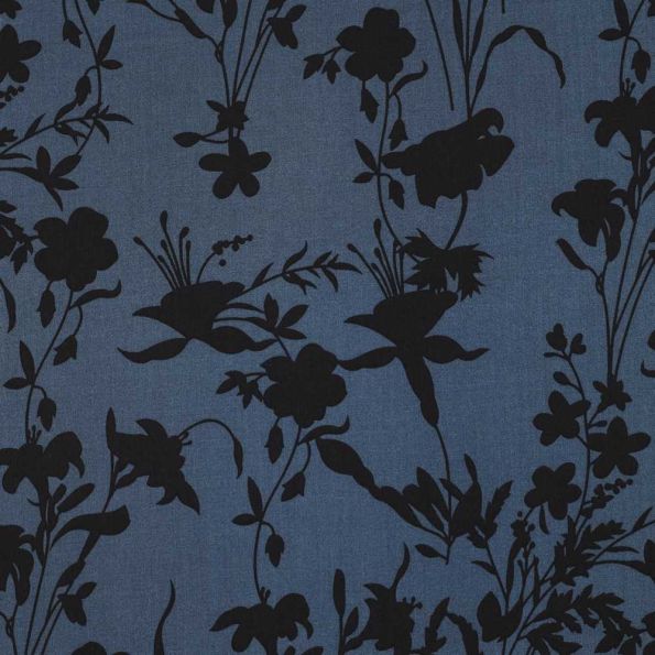 Tissu Viscose  Noctis fleurs Noires sur fond Bleu ardoise - Par 10 cm