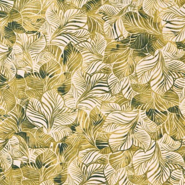 Tissu Toile Coton Feuillage vert sur fond Ecru - Par 10 cm