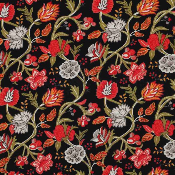 Tissu Viscose stretch Folkloria fleurs Rouges sur fond Noir - Par 10 cm