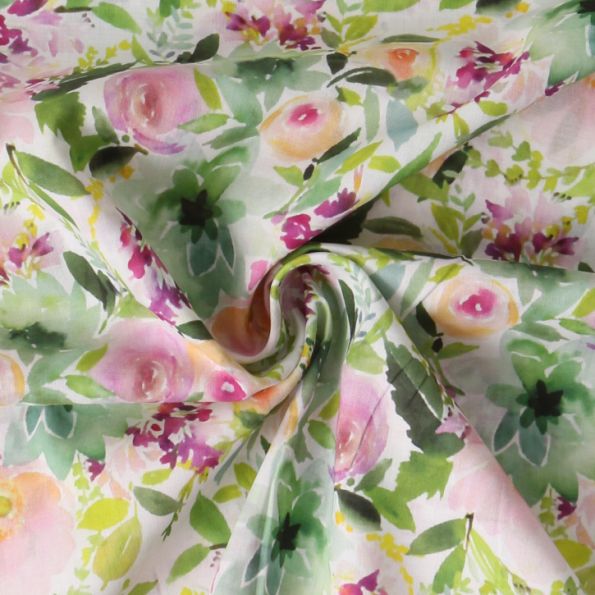 Tissu Voile de Coton fleurs Celesta sur fond Blanc - Par 10 cm