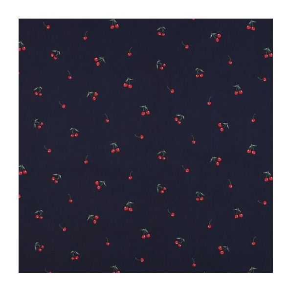 Tissu Coton enduit Cerises sur fond Bleu marine - Par 10 cm