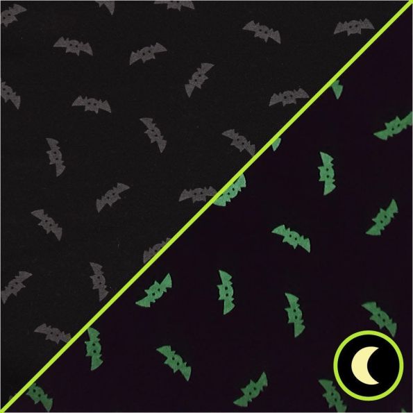 Tissu Jersey Coton Magique Phosphorescent Chauve souris sur fond Noir - Par 10 cm