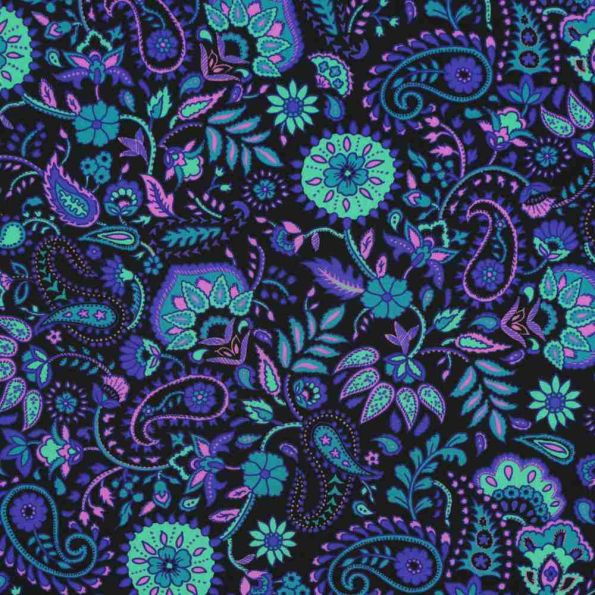 Tissu Ecovero fleurs Kashmiria bleues turquoise sur fond Noir - Par 10 cm