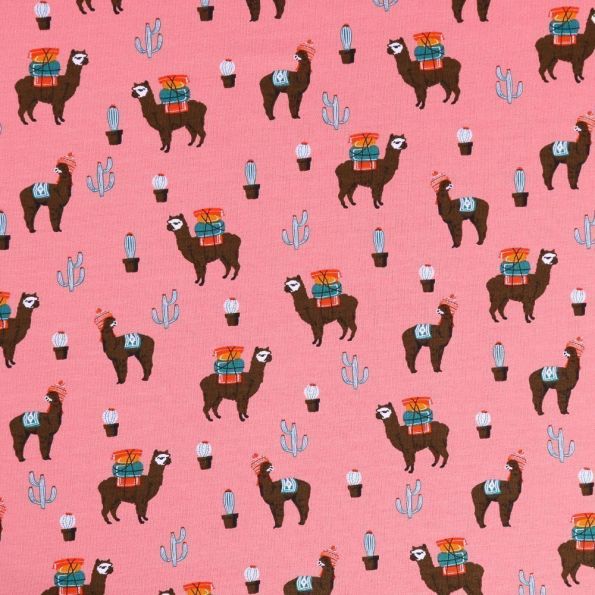 Tissu Sweat léger envers gratté Lamas et cactus Marrons, bleus et oranges sur fond Rose - Par 10 cm