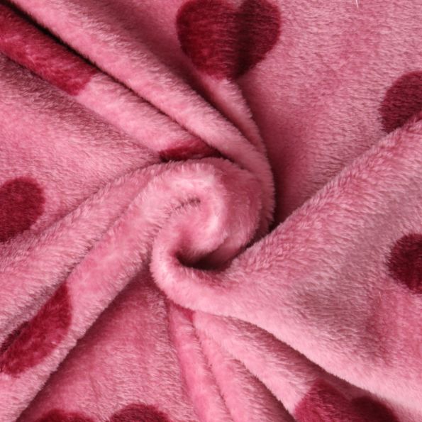 Tissu Doudou Névia cœurs Rose foncé sur fond Framboise - Par 10 cm
