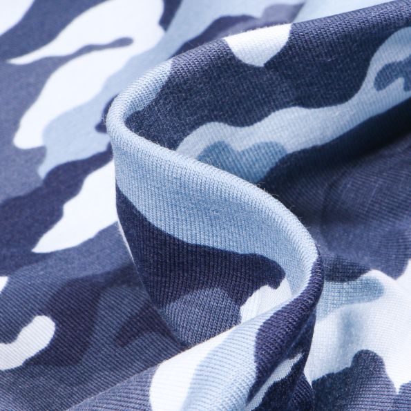 Tissu Jersey coton US Camouflages sur fond Bleu clair - Par 10 cm