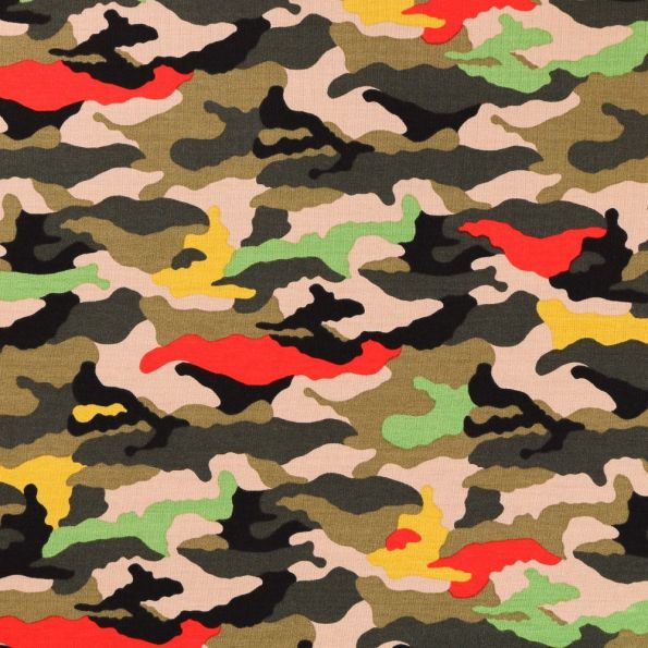 Tissu Jersey Coton Camouflage Jaune, vert et rouge sur fond Kaki - Par 10 cm