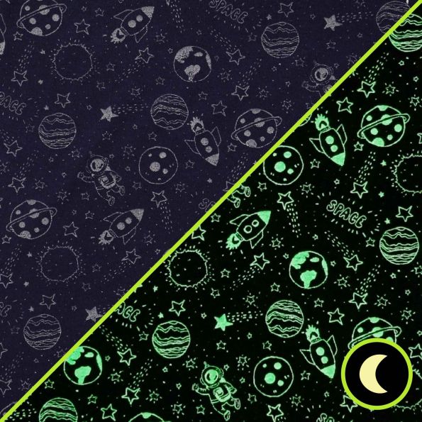 Tissu Jersey Coton Magique Astronaute sur fond Bleu marine - Par 10 cm