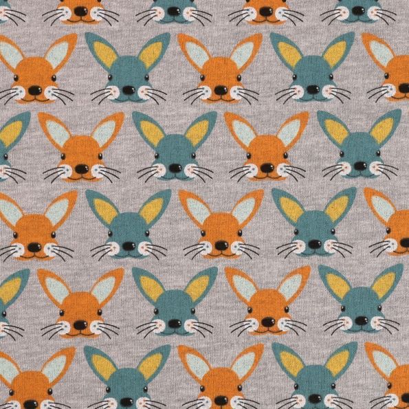 Tissu Sweat Lapins Oranges et bleu canard sur fond Gris - Par 10 cm