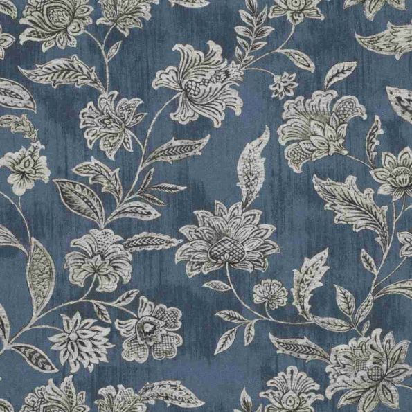 Tissu Toile Canvas fleurs Florindigo blanches sur fond Bleu foncé - Par 10 cm