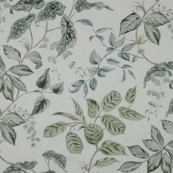 Tissu Toile de Coton Canvas Poppy Feuillage tons vert sur fond Blanc - Par 10 cm