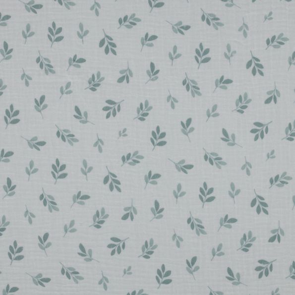 Tissu Double gaze de Coton feuilles Foliette vertes sur fond Blanc - Par 10 cm