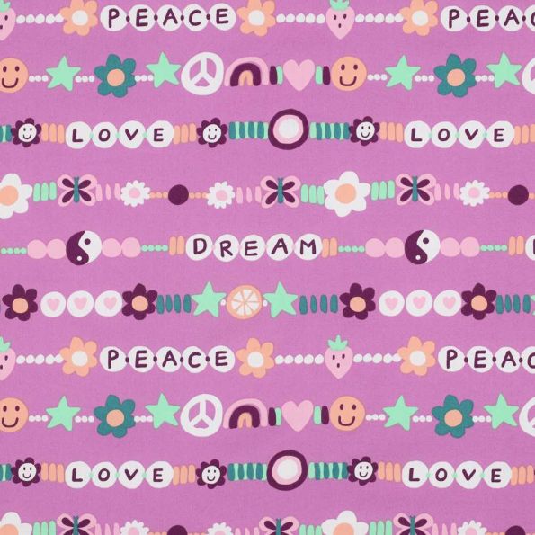 Tissu popeline de Coton  Peace sur fond Violet - Par 10 cm