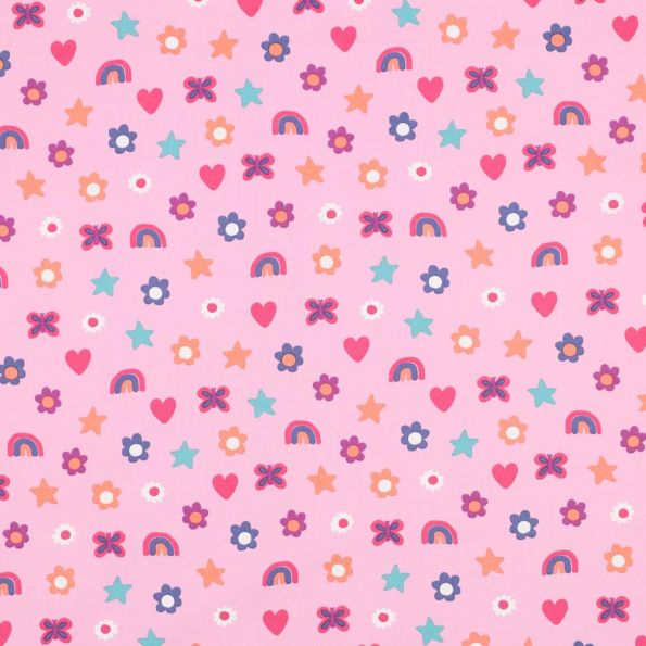 Tissu popeline de Coton  Rainbow sur fond Rose clair - Par 10 cm