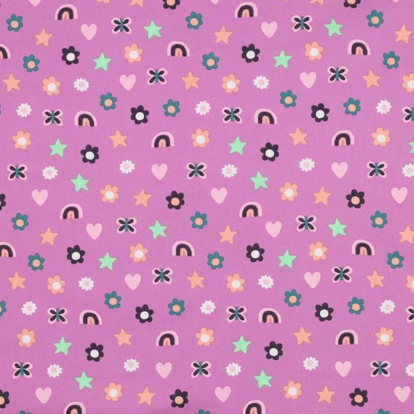 Tissu popeline de Coton  Rainbow sur fond Violet - Par 10 cm