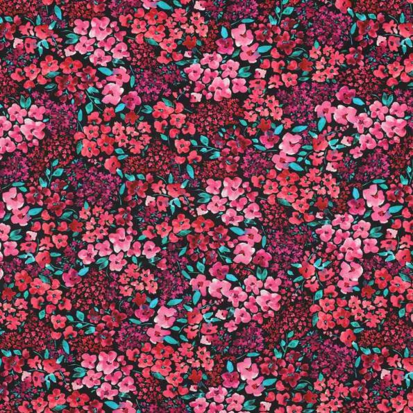 Tissu Popeline de Coton fleurs Cléophée rouges sur fond Noir - Par 10 cm