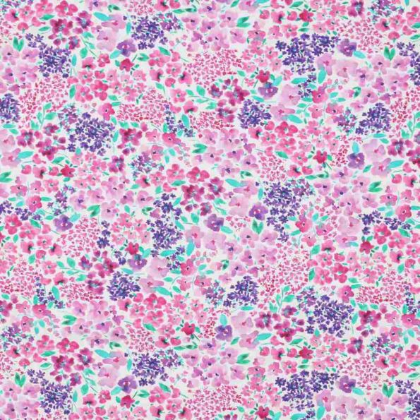 Tissu Popeline de Coton  fleurs Cléophée roses sur fond Blanc - Par 10 cm