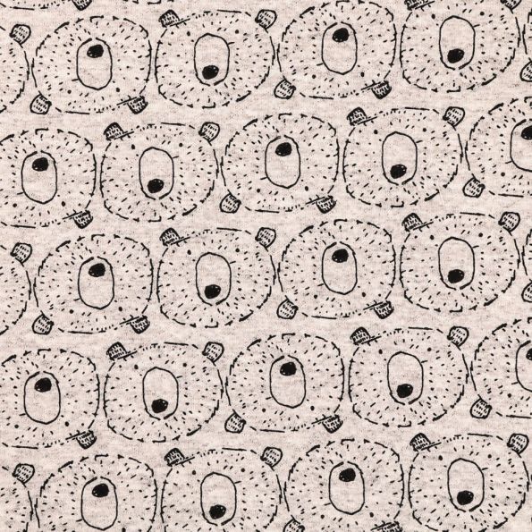 Tissu Jersey Matelassé Têtes d'ours sur fond Beige chiné - Par 10 cm