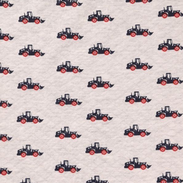 Tissu Jersey Matelassé Tracteurs Bleu marine et rouges sur fond Ecru - Par 10 cm