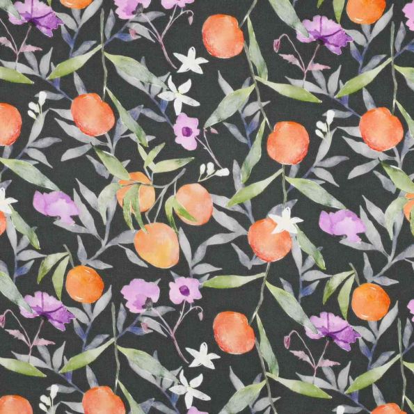 Tissu Viscose  Citrina agrumes Oranges sur fond Noir - Par 10 cm