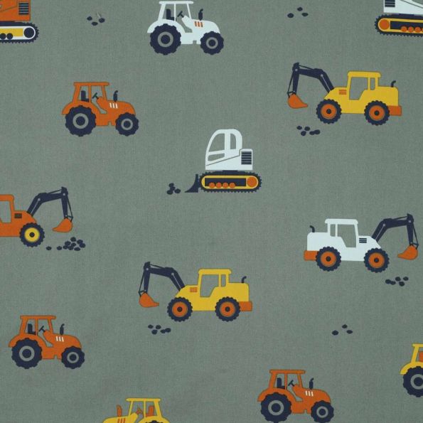 Tissu Popeline de Coton  Chantiboom sur fond Vert kaki foncé - Par 10 cm