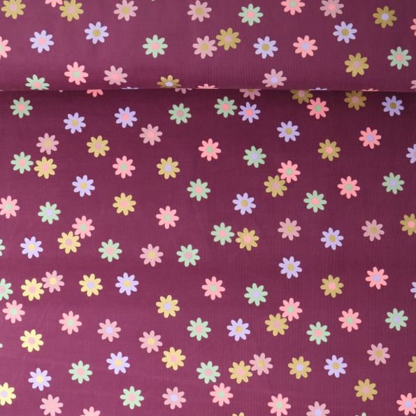 Tissu Jersey Bord Côte Yasmine fleurs Dorées sur fond Bordeaux - Par 10 cm