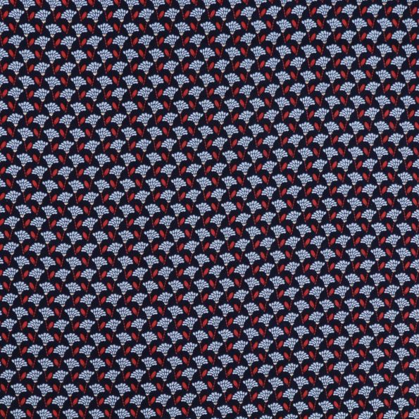 Tissu Satin imprimé Pearl Peach by Penelope Fleurs géométriques stylisées Bleues, roses et paillettes or sur fond Bleu marine - Par 10 cm