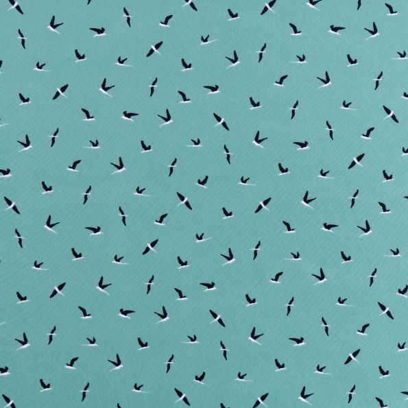 Tissu Viscose Peach by Penelope Oiseaux Bleu marine et blancs sur fond Vert de gris - Par 10 cm