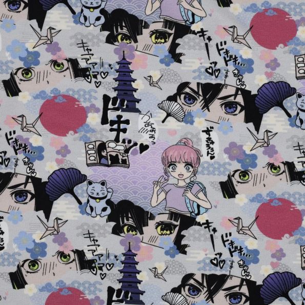 Tissu Jersey Coton digital Manga sur fond Parme - Par 10 cm