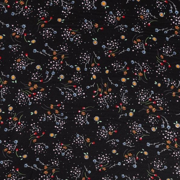 Tissu Satin imprimé Petites fleurs multicolores sur fond Noir - Par 10 cm