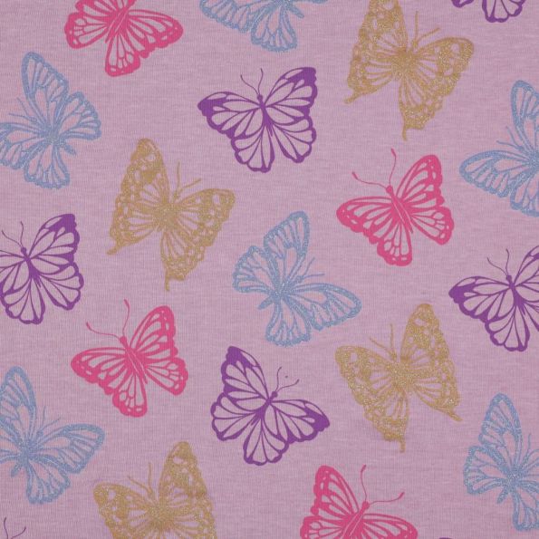 Tissu Jersey Coton Papillon Glitter sur fond Parme - Par 10 cm