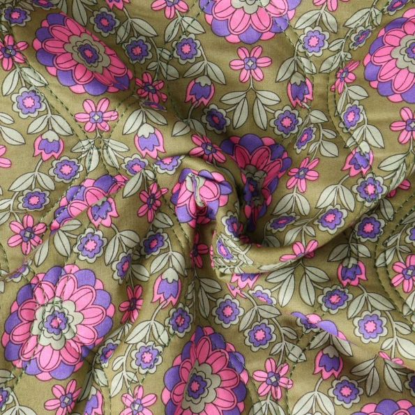 Tissu Matelassé réversible Lila fleurs Roses sur fond Vert olive - Par 10 cm