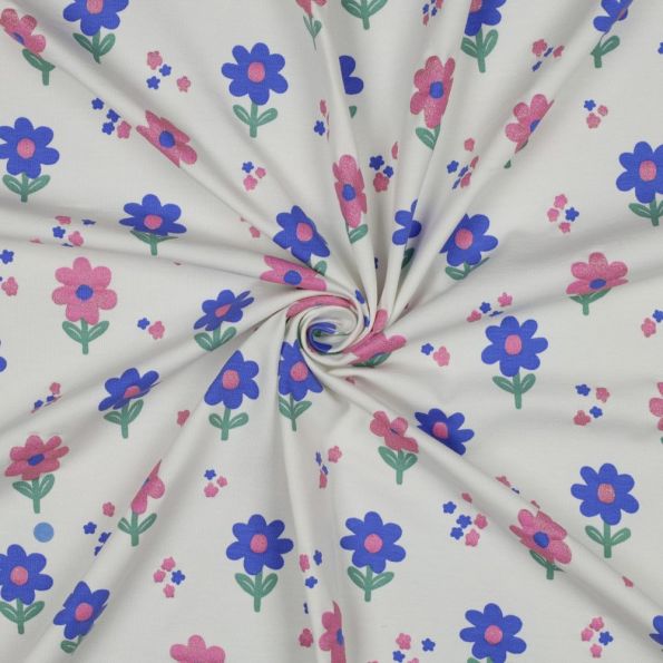 Tissu Jersey Coton imprimé Fleurs pailletées Rose et bleu sur fond Blanc - Par 10 cm