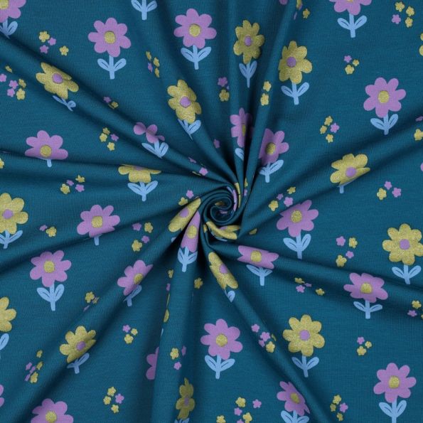 Tissu Jersey Coton imprimé Fleurs pailletées Vert et parme sur fond Bleu canard - Par 10 cm