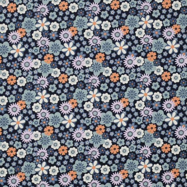 Tissu Velours milleraies imprimé Fleurs Lou sur fond Bleu marine - Par 10 cm