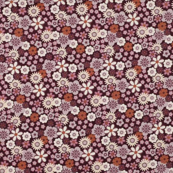 Tissu Velours milleraies imprimé Fleurs Lou sur fond Bordeaux - Par 10 cm