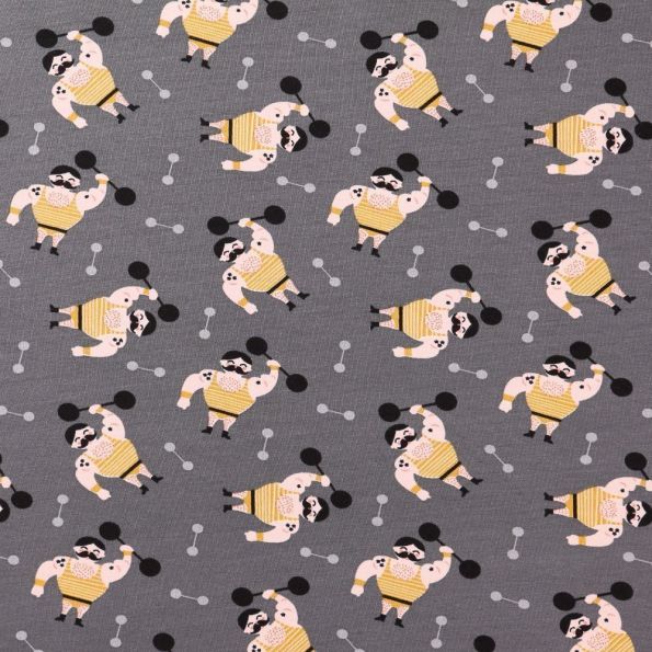 Tissu Jersey Coton Athlètes Jaunes et noirs sur fond Gris - Par 10 cm