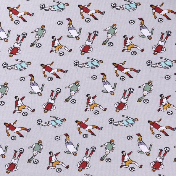 Tissu Jersey Coton Footballeurs Multicolores sur fond Gris clair - Par 10 cm