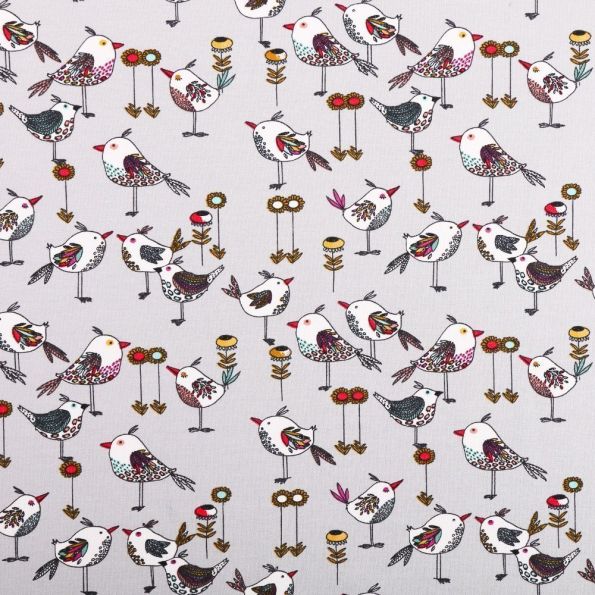 Tissu Jersey Coton Oiseaux multicolores sur fond Gris clair - Par 10 cm
