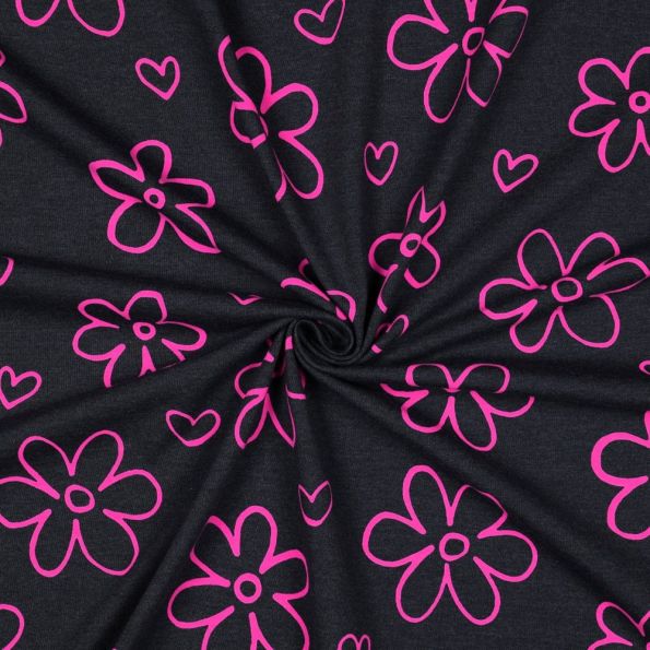 Tissu Jersey Polycoton imprimé Fleurs Neon Rose sur fond Noir - Par 10 cm