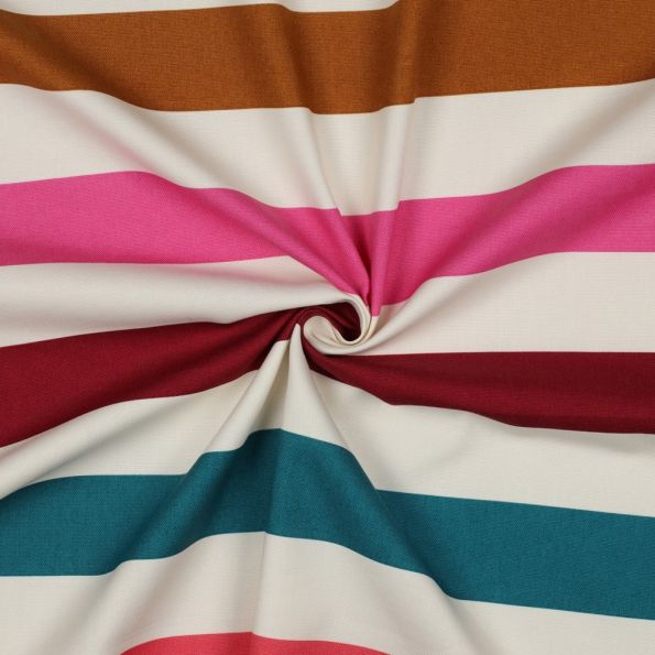 Tissu Toile de Coton Canvas Rayures rose, bleu et marron sur fond Blanc - Par 10 cm